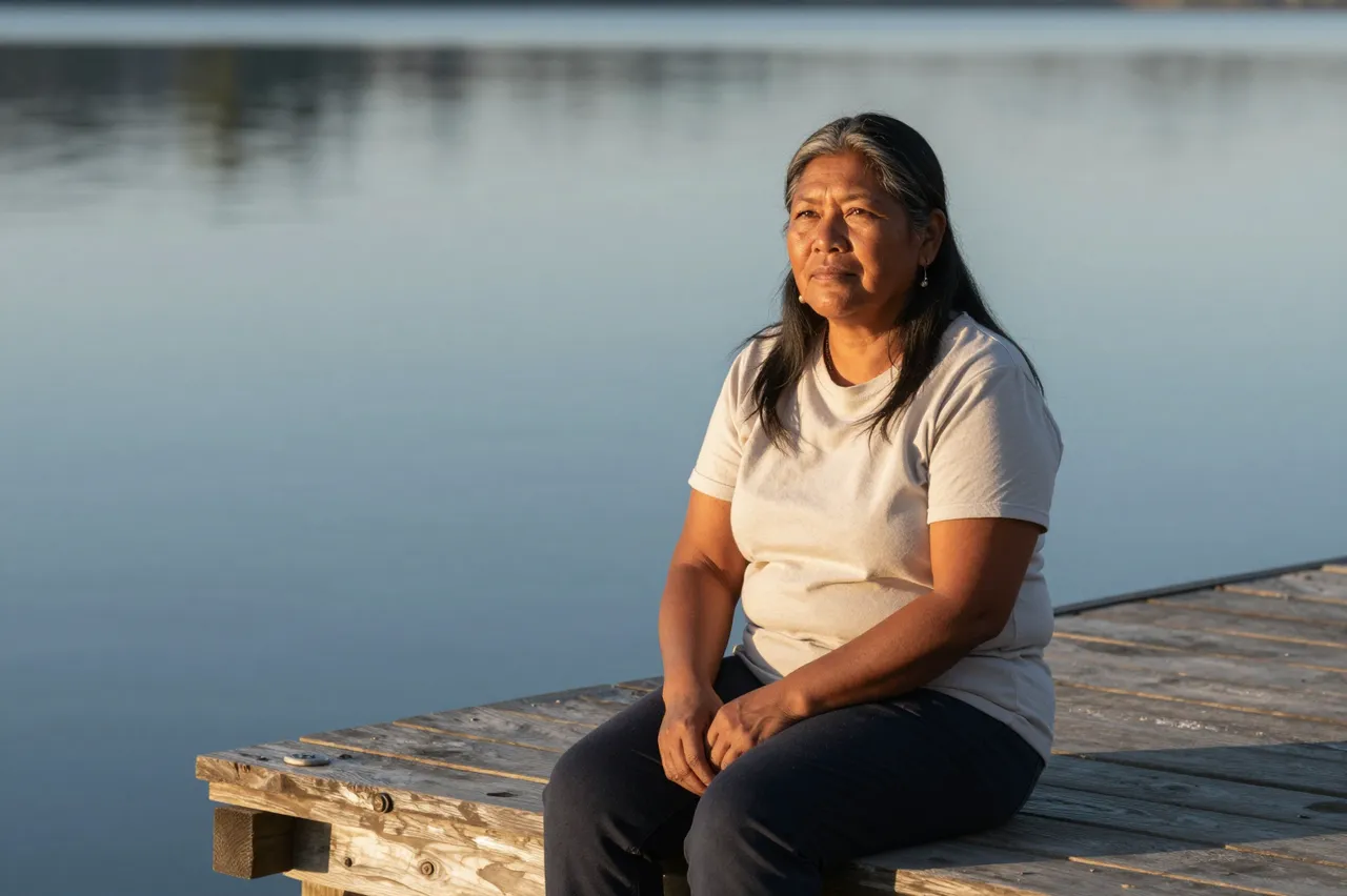 Indigenous woman in her fifties sits on a wooden pier over calm still water at golden dawn