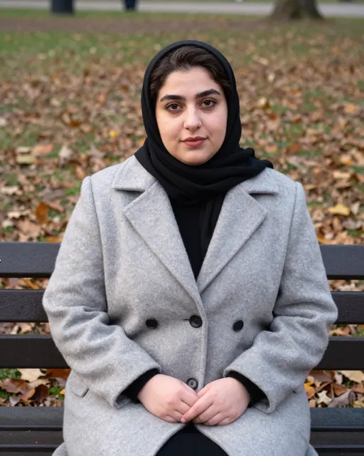 Plus-size Middle Eastern woman in a wool coat sits on a leaf-strewn park bench looking at the camera