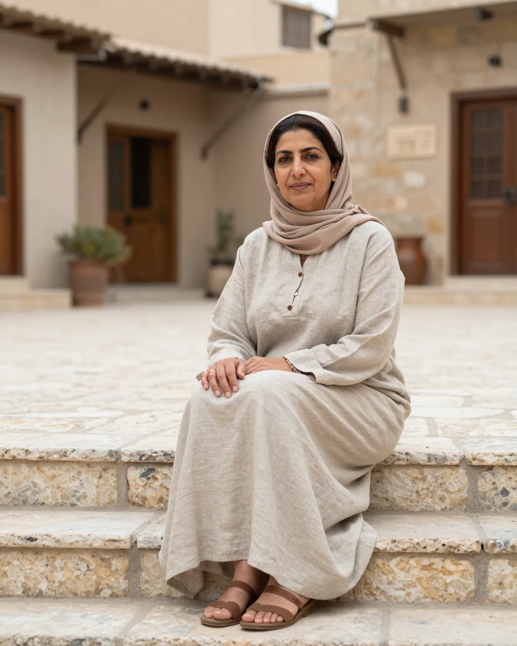 A Middle Eastern woman in a linen dress and headscarf sits calmly on stone village steps at midday.