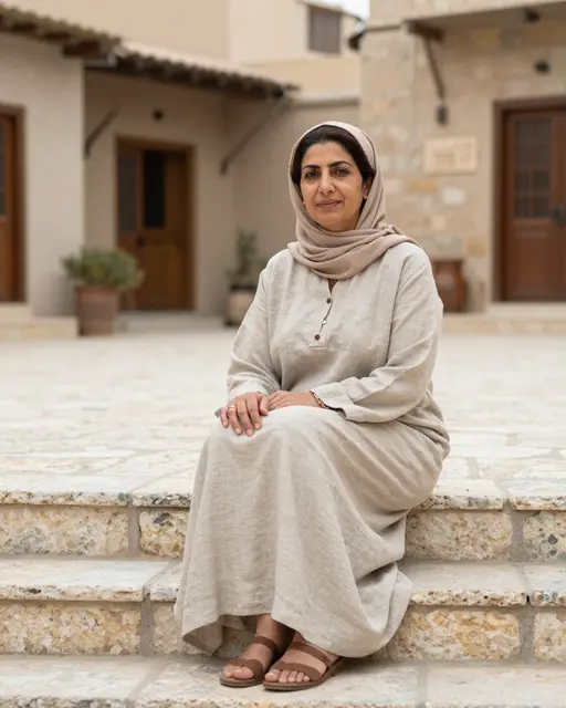 A Middle Eastern woman in a linen dress and headscarf sits calmly on stone village steps at midday.