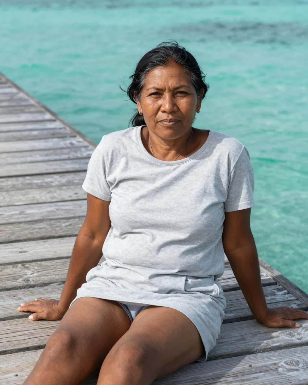 A middle-aged Indigenous woman sits on a weathered wooden jetty over turquoise lagoon water.
