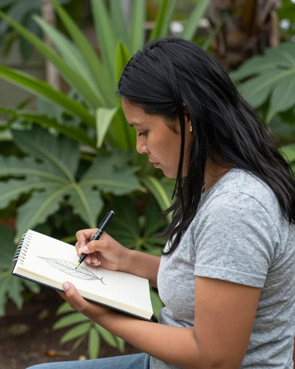 Side view of a woman drawing a leaf in a notebook surrounded by tropical garden plants