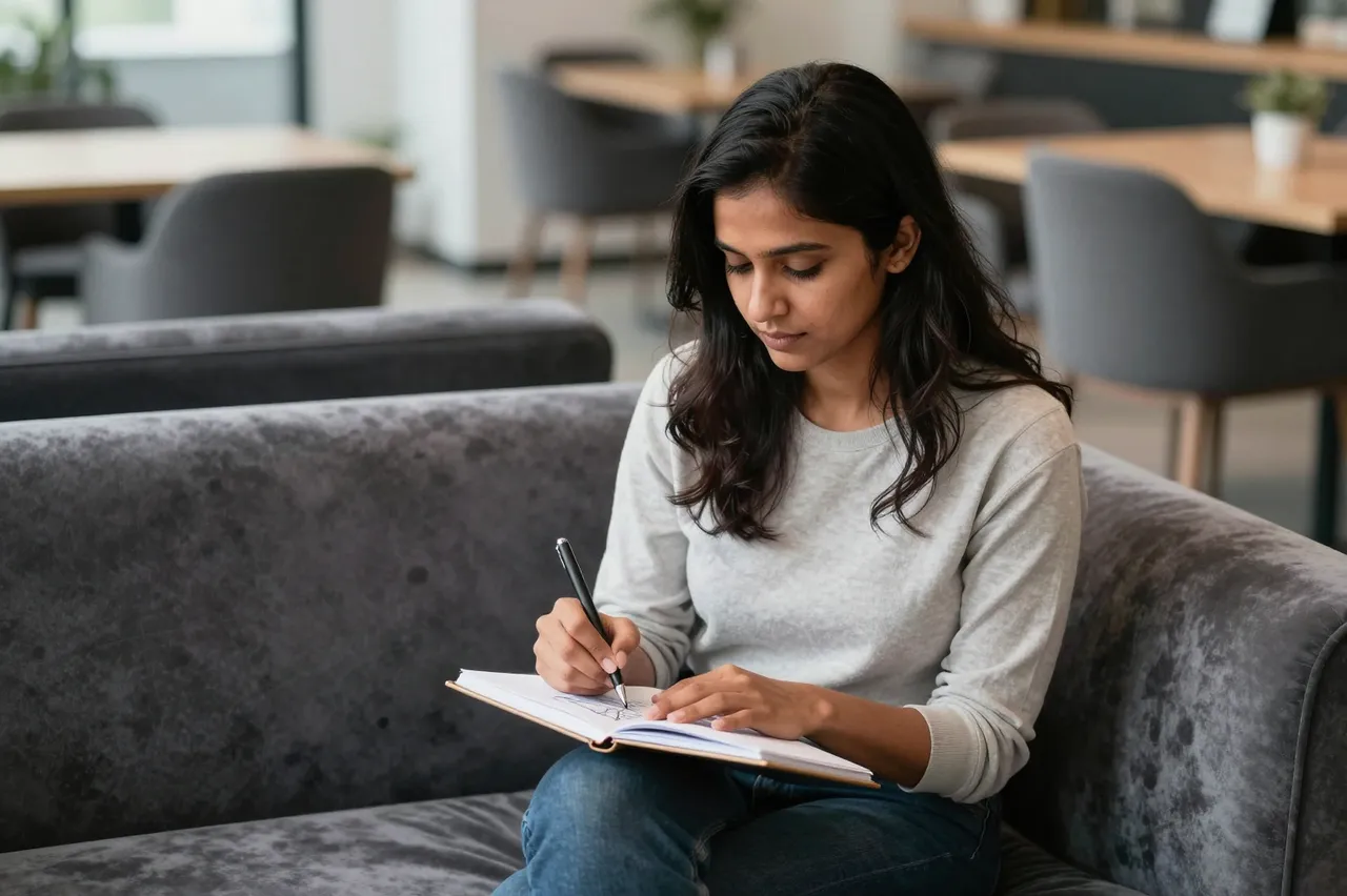 South Asian woman writes in a notebook while sitting on a gray velvet coworking sofa in soft afternoon light