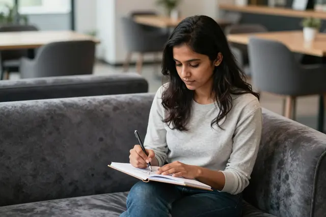 South Asian woman writes in a notebook while sitting on a gray velvet coworking sofa in soft afternoon light