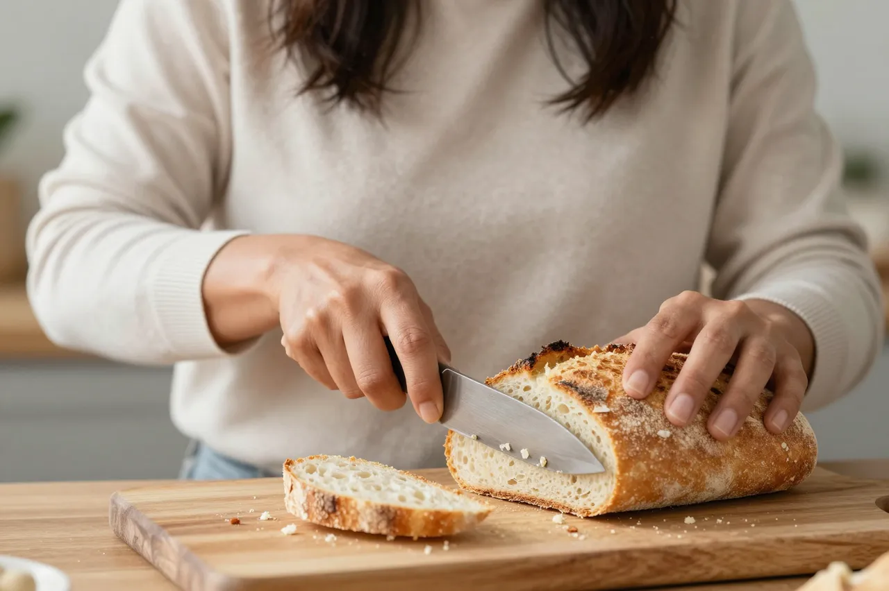 A woman in a soft sweater slices a crusty loaf of bread on a wooden cutting board, with crumbs scattered.
