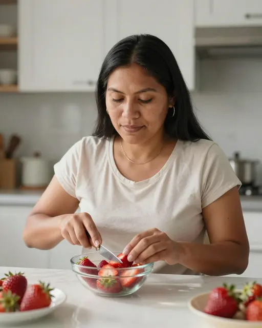 A woman in a plain white top slices fresh strawberries into a glass bowl at a sunlit kitchen table.