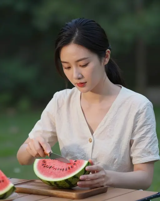 East Asian woman slicing fresh watermelon at a backyard picnic table during summer evening