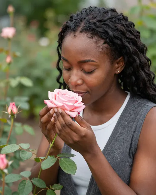 A Black woman in her thirties holds a pink rose close with eyes closed, pausing to smell it in a garden