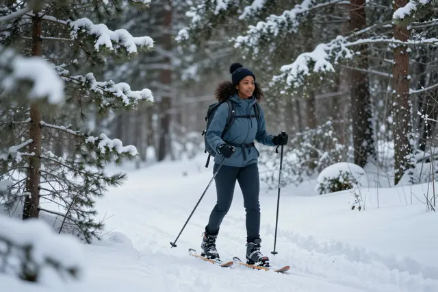 A Black woman in her twenties snowshoes along a snow-covered path through a pine forest under soft cool light