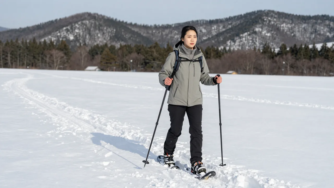 A Southeast Asian woman in a gray jacket snowshoes across a wide open snowfield toward distant pine hills under clear skies
