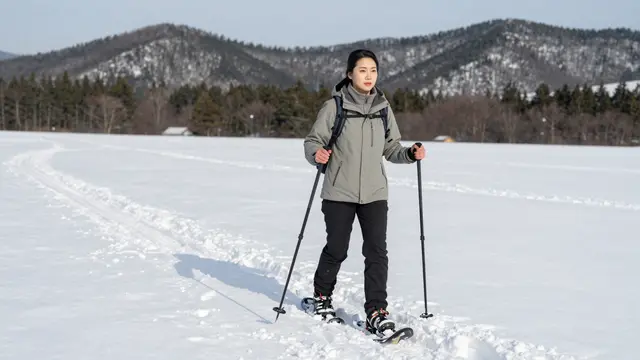 A Southeast Asian woman in a gray jacket snowshoes across a wide open snowfield toward distant pine hills under clear skies