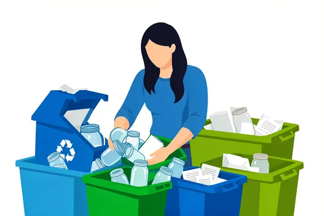 A faceless woman sorts glass jars and paper into separate blue and green recycling bins