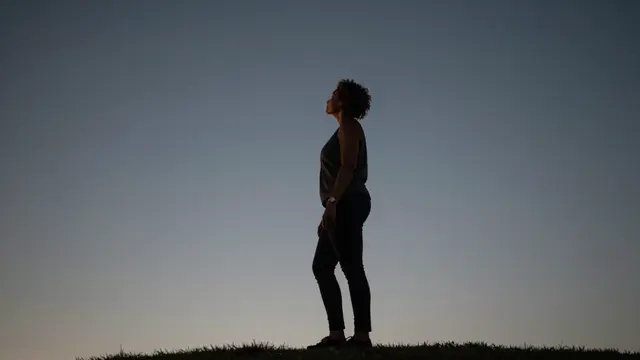 A silhouetted woman stands on a grassy hilltop looking up at the pale evening sky.