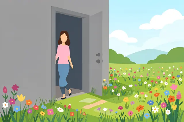 Faceless vector woman steps from a gray room through an open door into a bright colorful wildflower spring meadow.