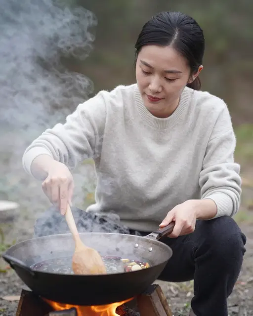 A Southeast Asian woman in a light sweater stirs a steaming pan over an outdoor campfire