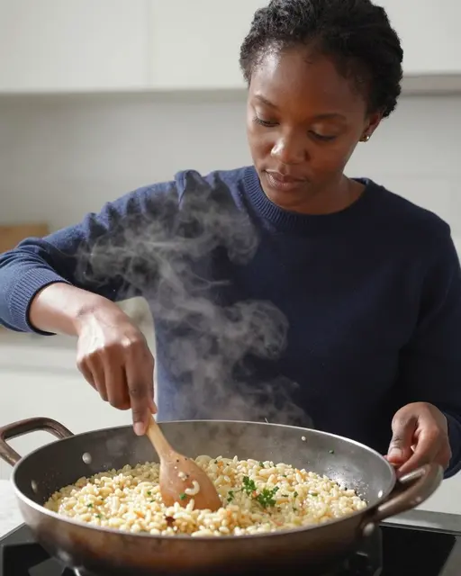 A Black woman in a navy sweater stirs steaming risotto in a wide pan on a stovetop