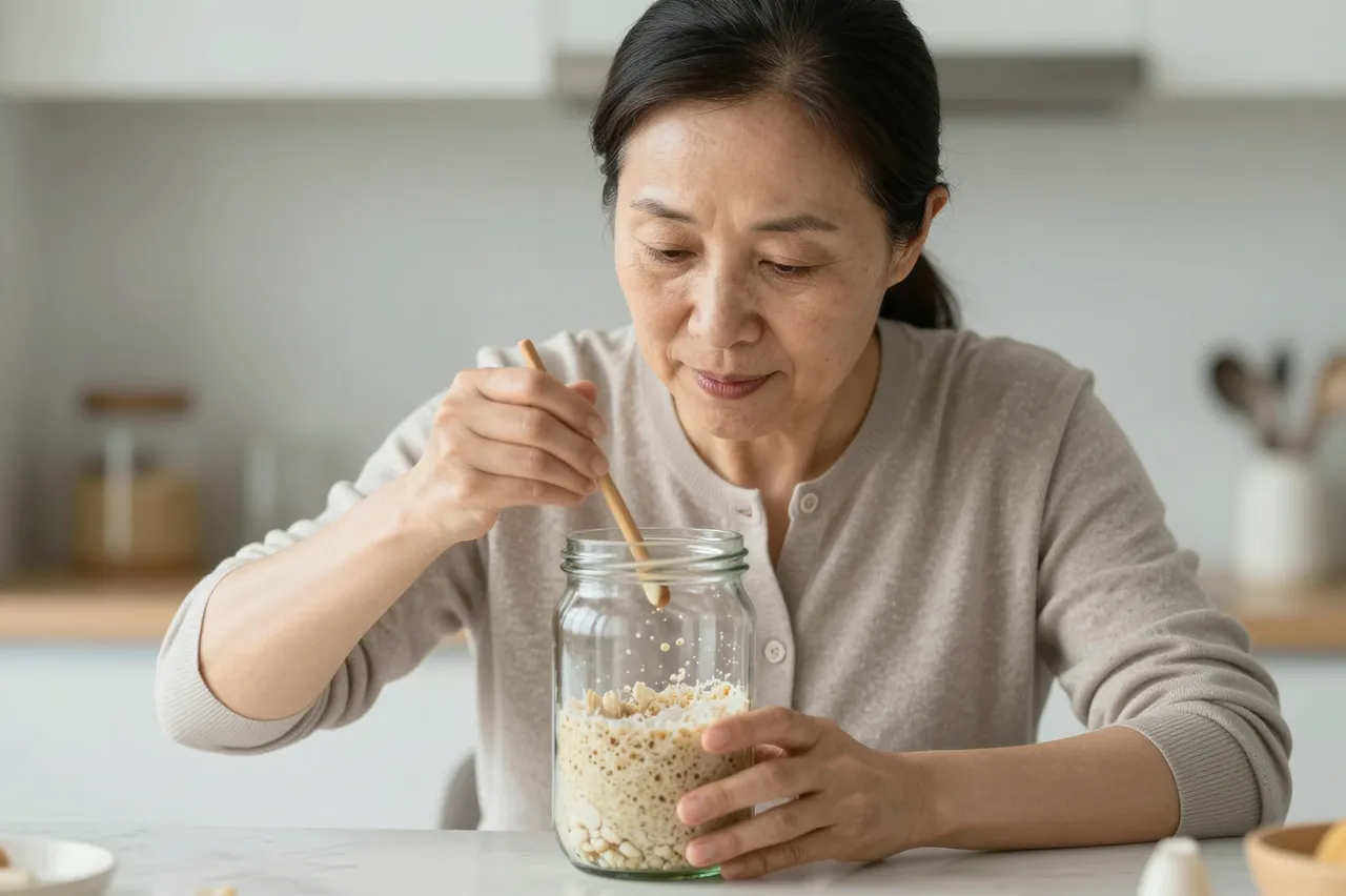 A mature East Asian woman stirs a sourdough starter in a glass jar at a kitchen counter