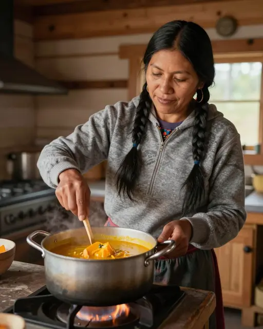 An Indigenous woman stirs simmering squash soup in a metal pot on a stove in a warm wood cabin kitchen.