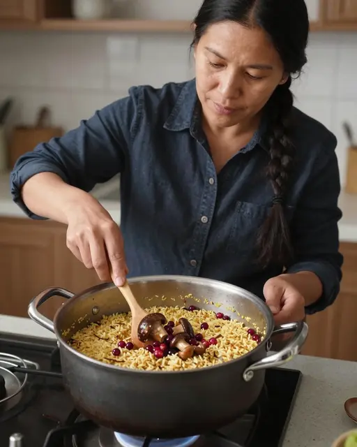 Indigenous woman stirs a pot of wild rice with mushrooms and cranberries on a kitchen stovetop