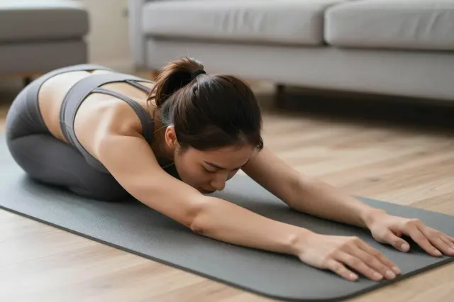 A woman performs a child's pose stretch on a yoga mat in a home living room.