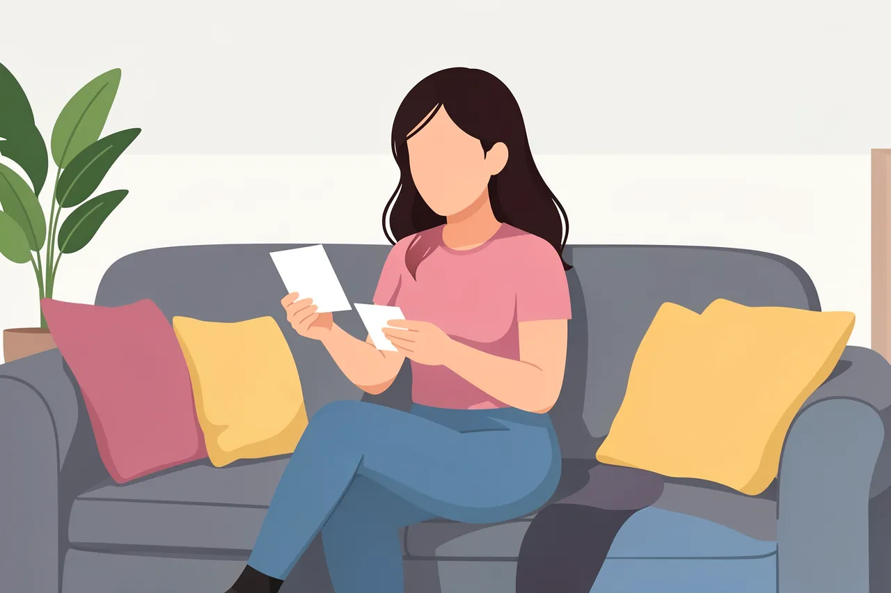 Faceless woman sits on a gray couch holding blank index cards to practice a new language
