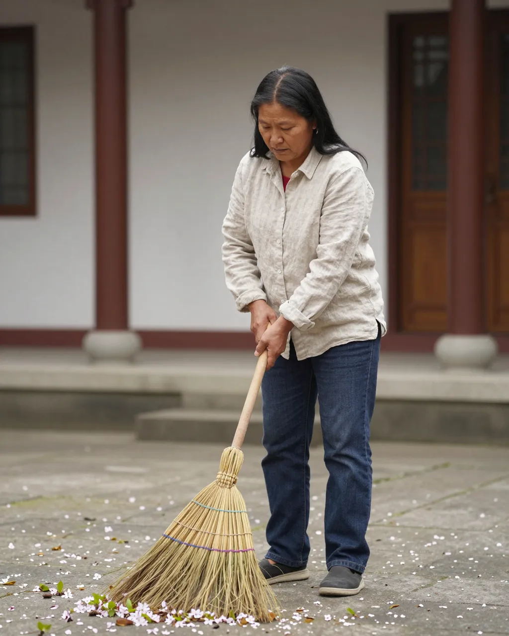 A woman sweeps fallen blossom petals from a stone courtyard with a straw broom