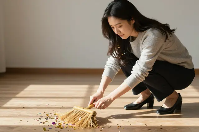 East Asian woman crouches to sweep festive confetti off a sunlit wooden floor with a small broom.