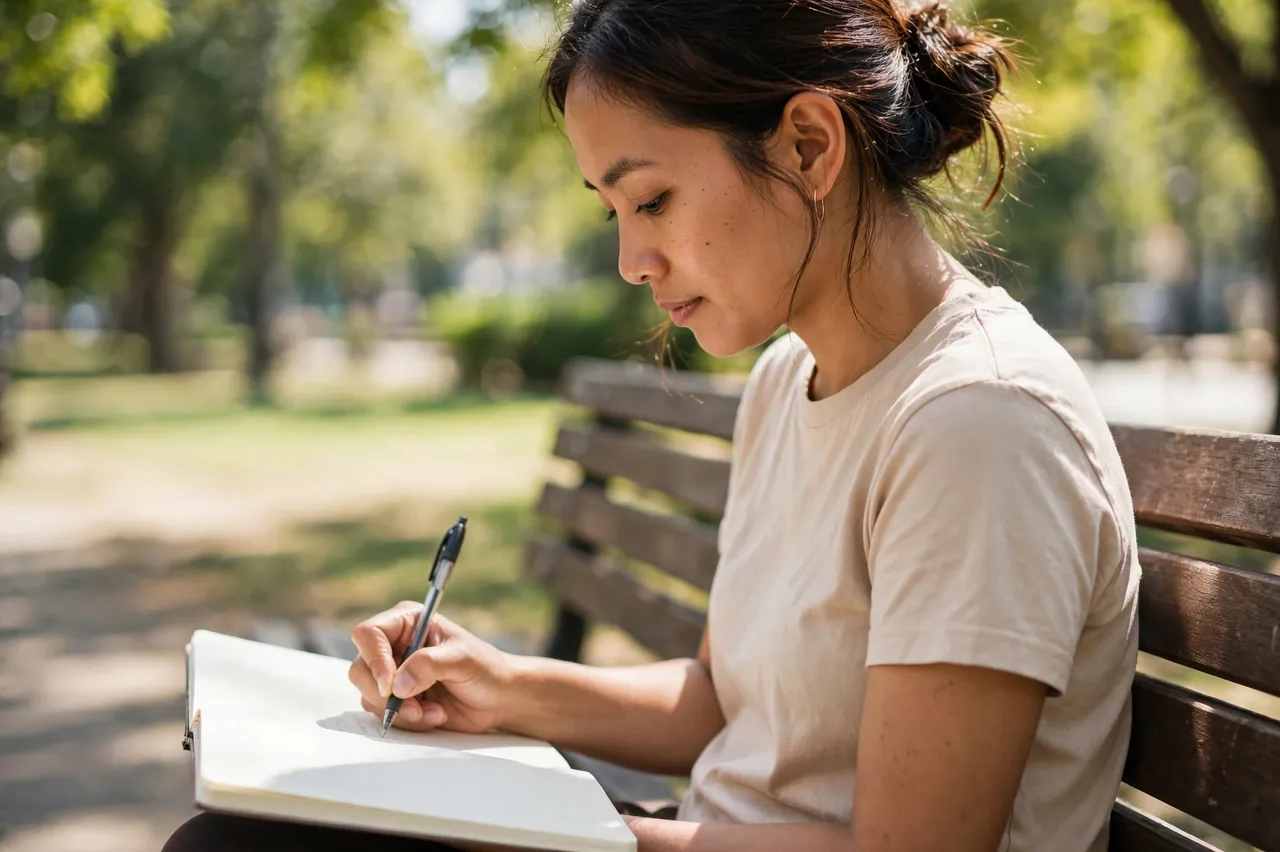 Side view of a Southeast Asian woman writing in a blank notebook on a sunny park bench