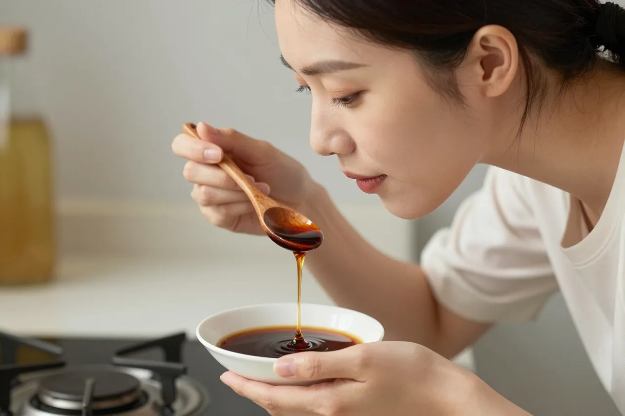 Side view of a woman pouring dark sauce from a wooden spoon into a white bowl at a kitchen stove