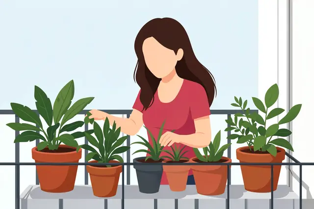 Faceless illustrated woman tends rows of leafy potted plants on an apartment balcony.