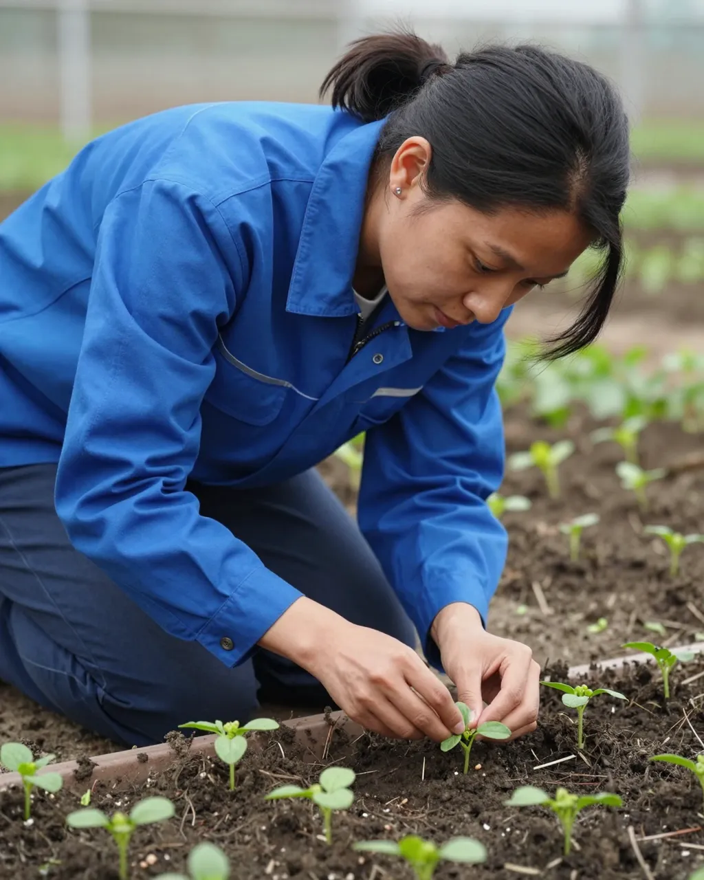 A mixed-race woman in a blue work shirt kneels tending young garden seedlings in soil.