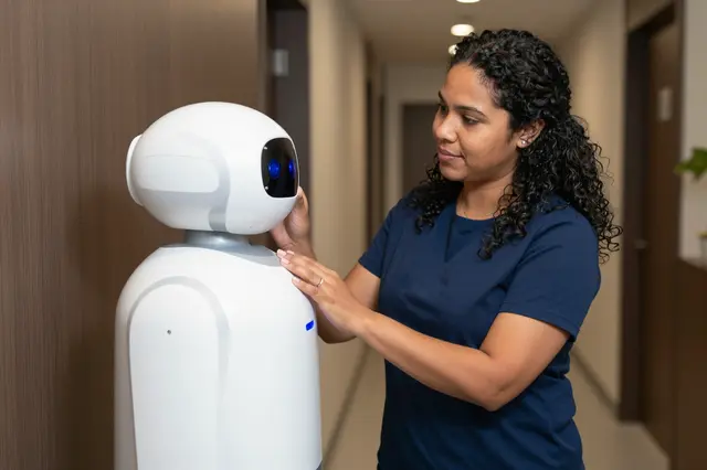 Pacific Islander woman in a navy top interacting with a white service robot in an indoor hallway