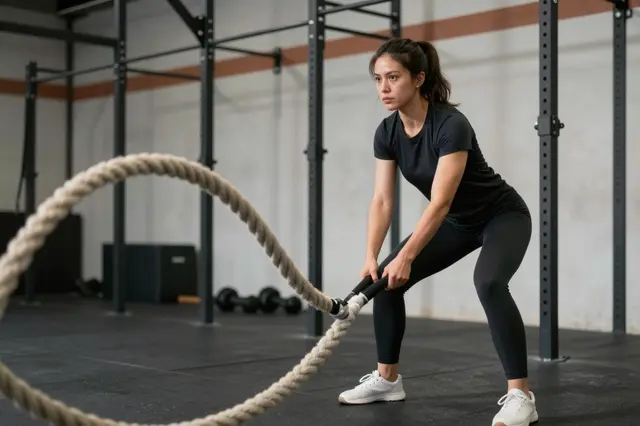 A woman in black athletic wear exercises with battle ropes inside a modern gym