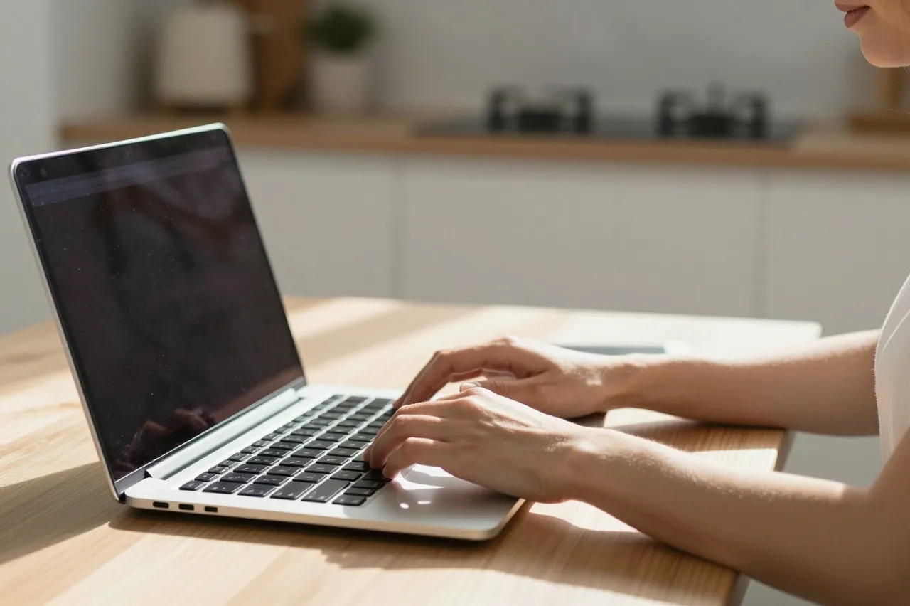 Partial view of a woman typing on a silver laptop on a sunlit wooden kitchen table
