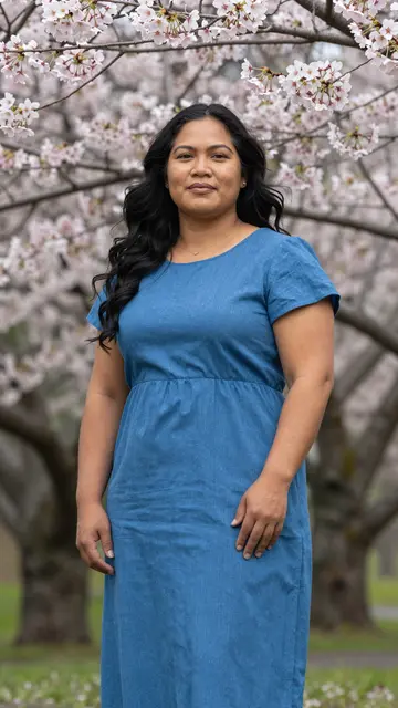 Pacific Islander woman in a blue dress stands beneath a blooming cherry blossom tree in spring