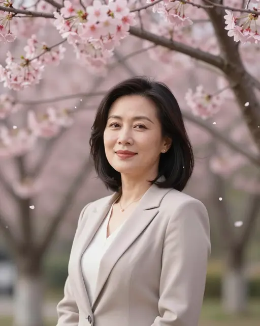 A smiling East Asian woman in a beige blazer stands beneath blossoming cherry branches with drifting pink petals.