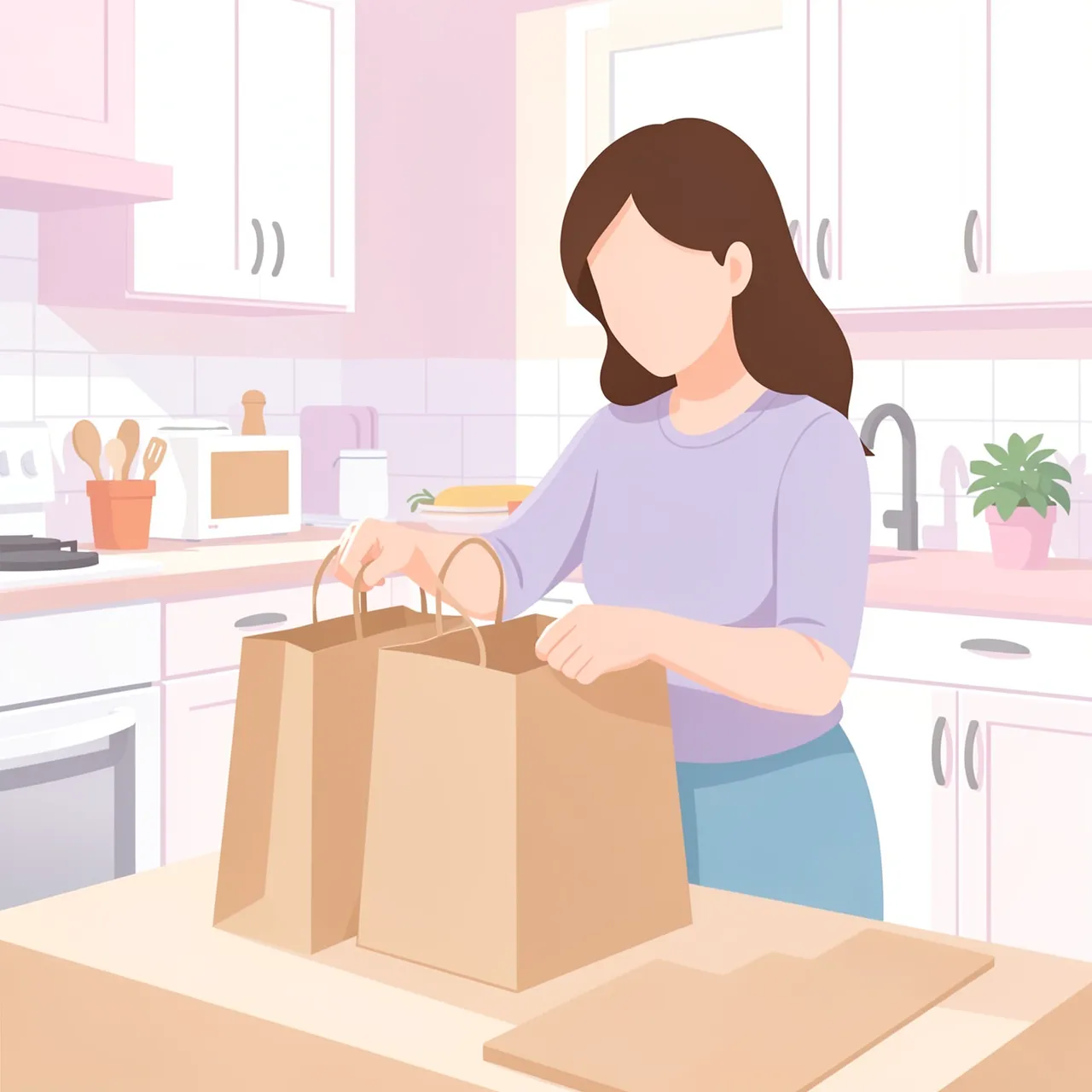 A faceless woman unpacks plain brown paper grocery bags on a bright pastel kitchen counter