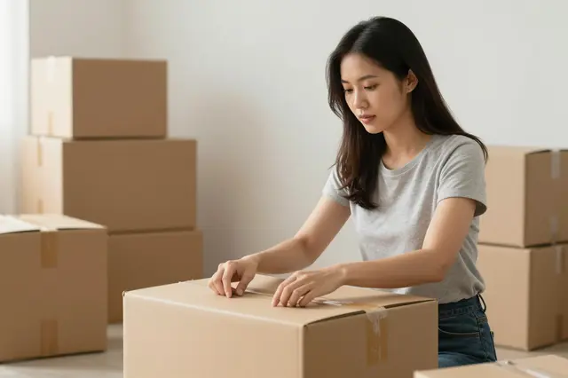 A Southeast Asian woman in her late twenties opens a cardboard box in a sunlit empty apartment surrounded by moving boxes
