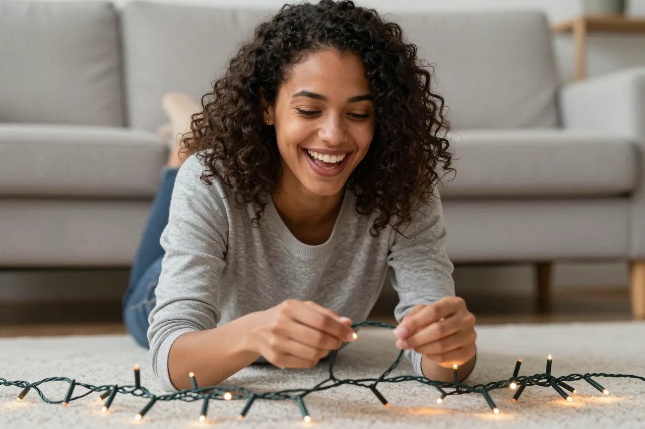 Laughing mixed-race woman lies on a living room floor untangling a string of lit Christmas lights