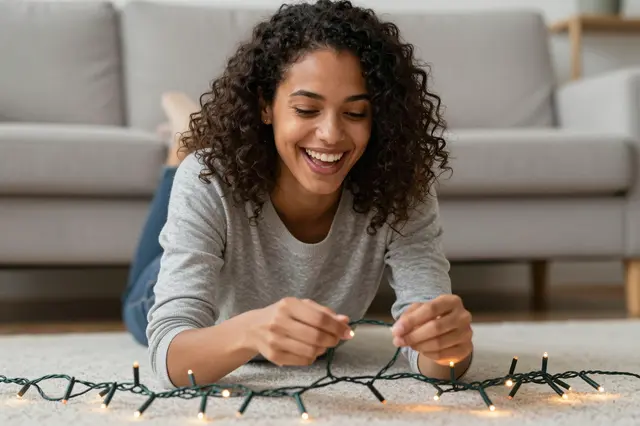 Laughing mixed-race woman lies on a living room floor untangling a string of lit Christmas lights