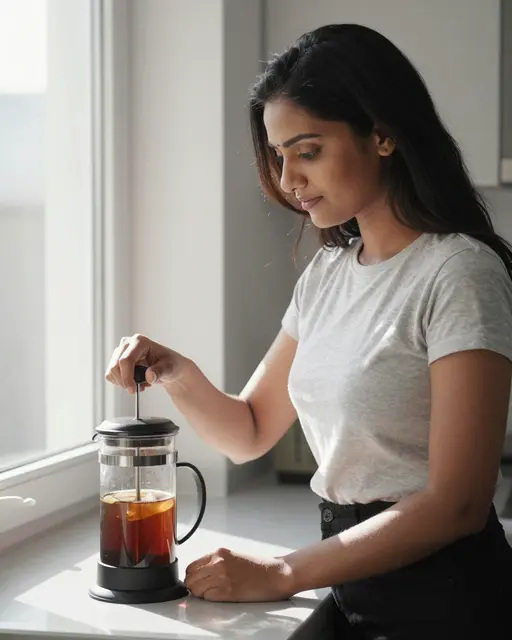 A South Asian woman presses a French press of brewed coffee on a bright kitchen windowsill in morning light.