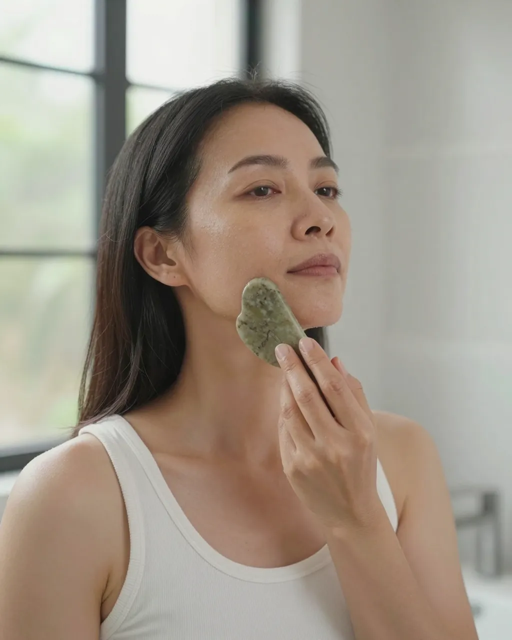 A Southeast Asian woman uses a jade gua sha tool on her jaw near a sunny bathroom window