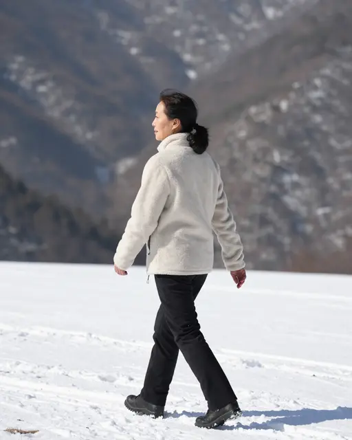 A middle-aged East Asian woman in a cream fleece walks across a sunlit snowy mountain pass with forested peaks in the