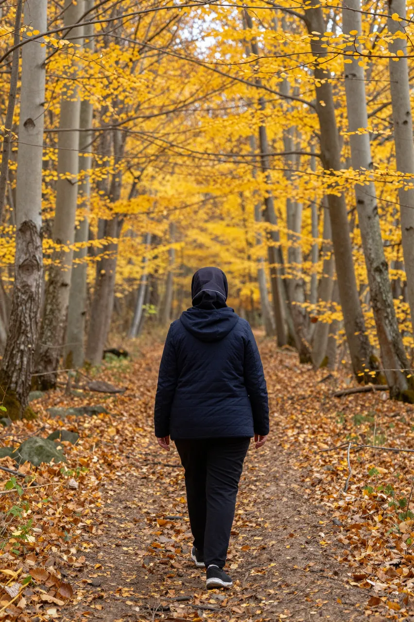 A woman viewed from behind walks alone along a leaf-covered beech forest path in golden autumn