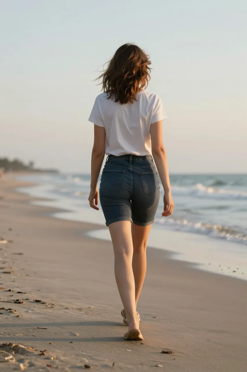 A woman seen from behind walks along a sandy ocean beach during soft sunset light