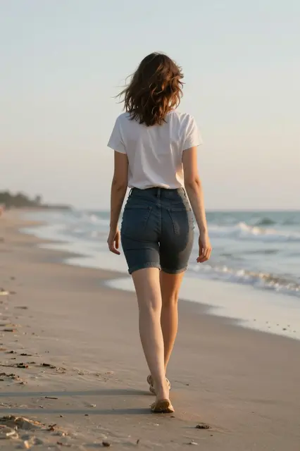 A woman seen from behind walks along a sandy ocean beach during soft sunset light