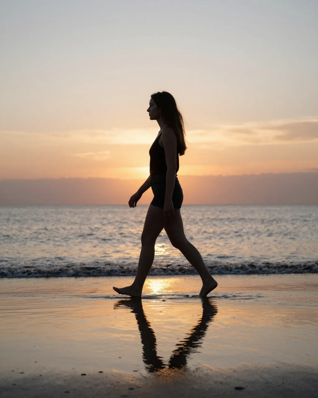 Silhouetted woman walks barefoot along wet beach sand beside the ocean at golden sunset with her reflection on the shore