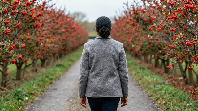 A woman viewed from behind walks along a narrow path flanked by hedges heavy with bright red berries