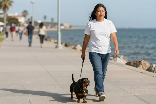 An Indigenous woman in a plain white t-shirt walks a dachshund on a leash along a sunny seaside promenade