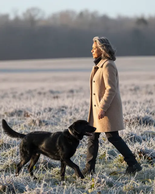 Side view of a senior woman in a wool coat walking a black labrador across a frosty field at sunrise